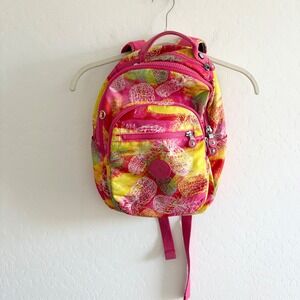 Kipling Small Backpack Pink Yellow Pineapple Tropical Print Nylon Daypack Bag